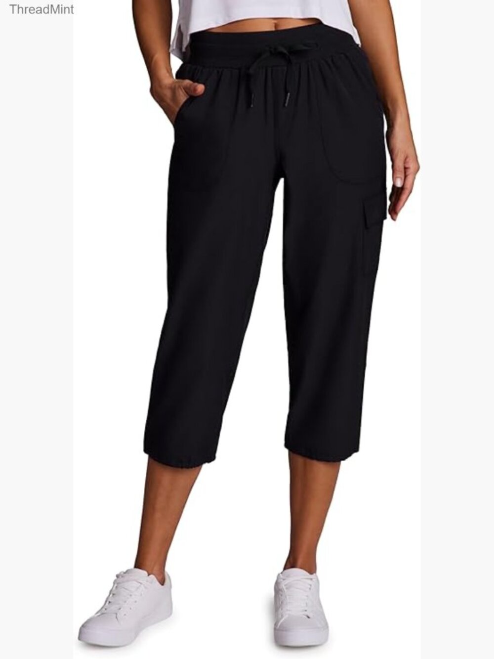 Women's Cargo Capri Pants with Pockets Lightweight Woven Drawstring
